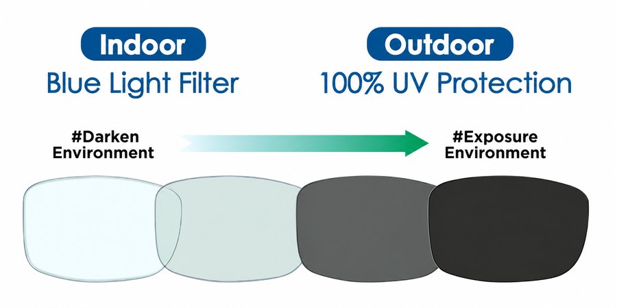 Spingrey coat: blue light filter indoors, 100% UV protection outdoors
