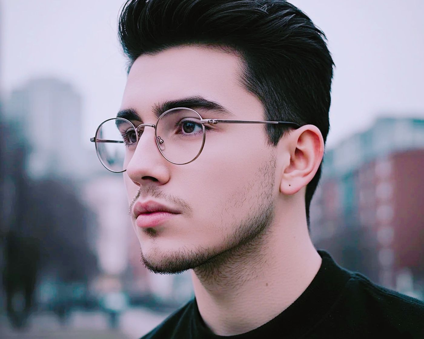 Young man wearing S-PRIDE progressive eyeglasses in the city