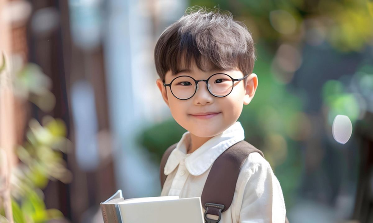Smiling boy in round glasses holding a book, wearing Kids Focus lenses