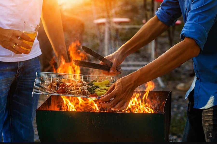 Friends grilling over an open barbecue flame
