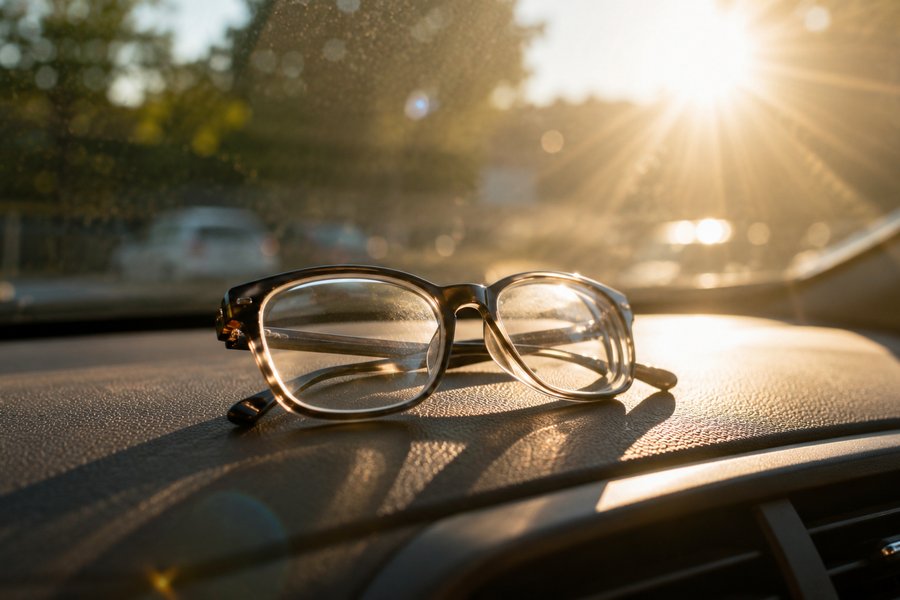 Spectacles resting on a sunlit car dashboard