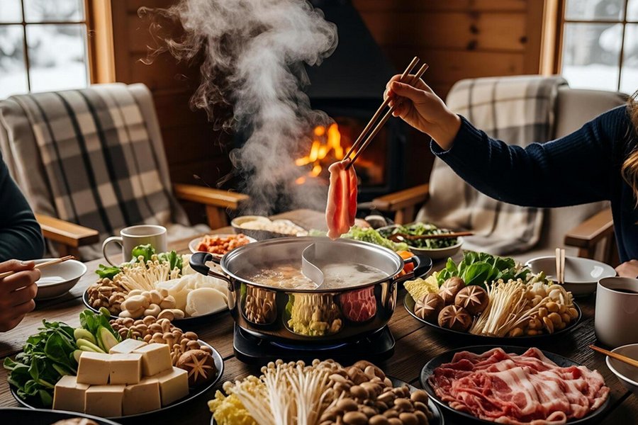 Friends around a bubbling steamboat hot pot