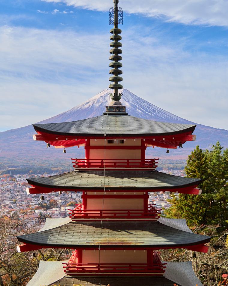 Mount Fuji rising behind the Chureito Pagoda in Fujiyoshida, Japan