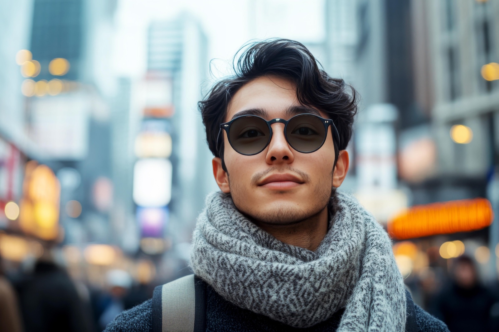 A MyAero lens wearer in the city, wearing glasses and a scarf