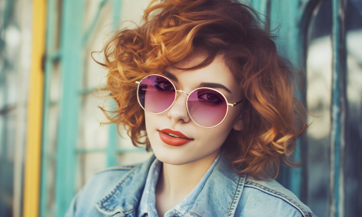 Young woman with curly hair wearing round tinted glasses
